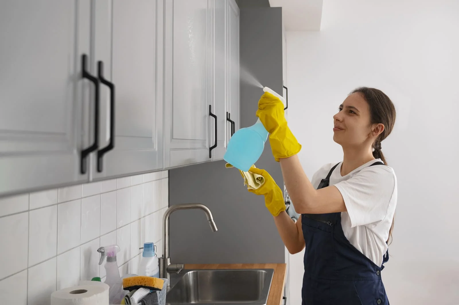 Woman cleaning kitchen cabinets with spray and cloth.